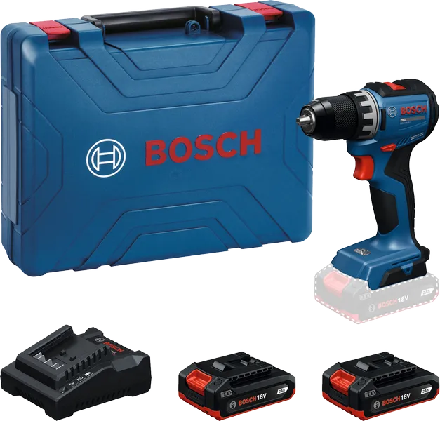 BoschGSR 18V-52 无绳电钻套装，含工具箱、电池和充电器。