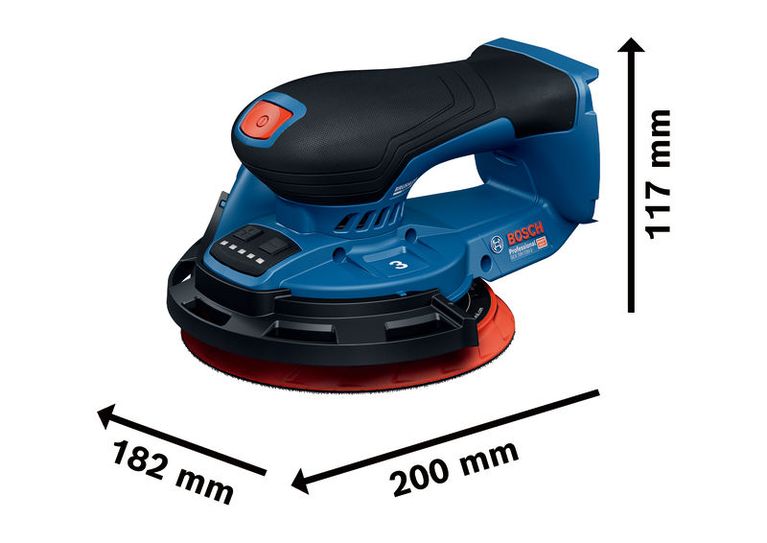 BoschGEX 18V-150-3 无绳随机轨道砂光机，尺寸规格。