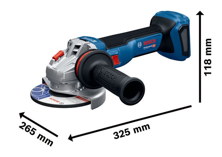BoschGWS 18V-11 S 无绳角磨机，尺寸规格。