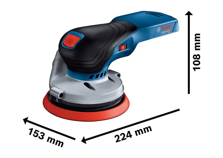 BoschGEX 18V-125 无绳随机轨道砂光机，尺寸规格。