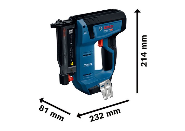 BoschGNH 18V-35 无绳钉枪，尺寸规格。