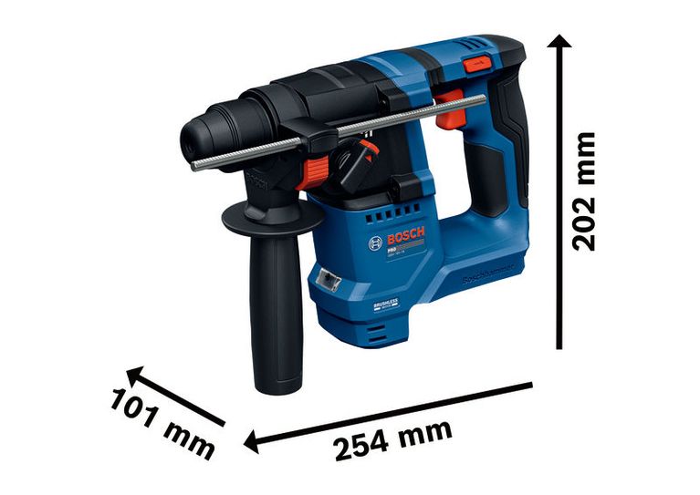BoschGBH 18V-18 电锤，附带工具尺寸。