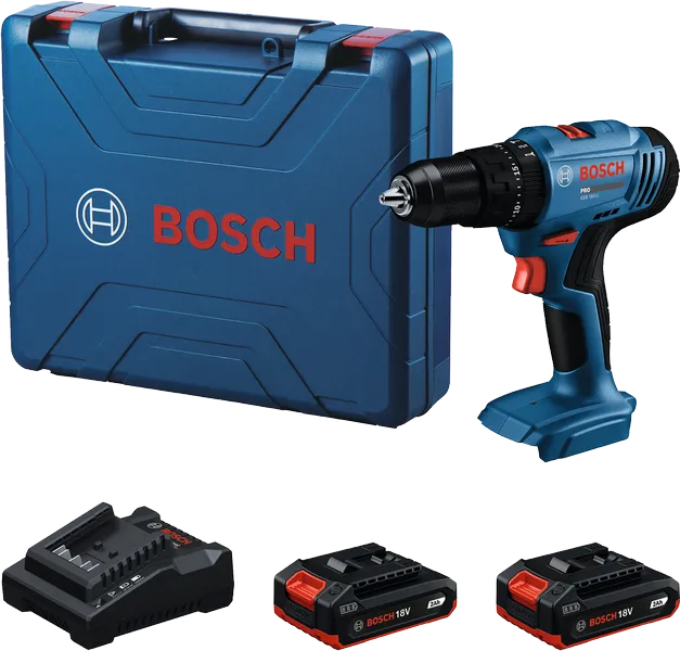 BoschGSB 18V-45 无绳电钻套装，含电池和充电器。