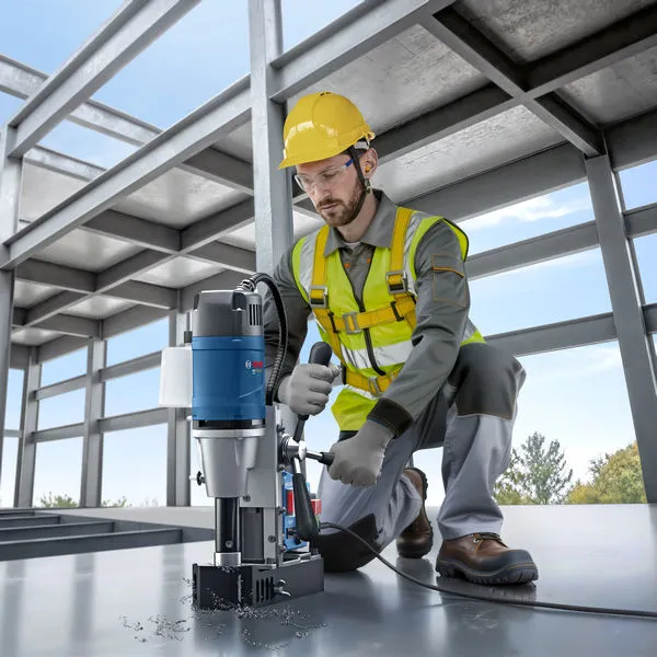 一名佩戴安全装备的人员正在操作磁力钻机钻削钢梁。