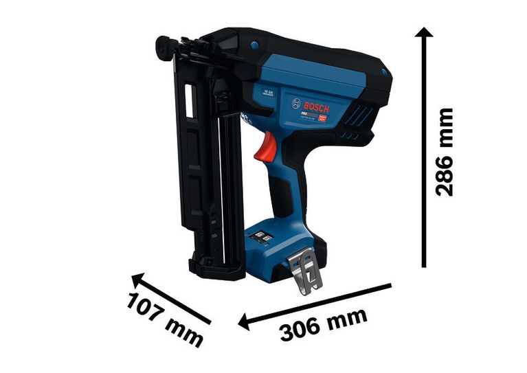 BoschGNH18V-64-3M 无绳 16 号精修钉枪，尺寸规格。