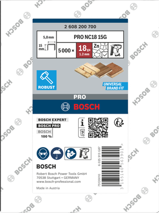 BoschPRO NC18 窄冠钉 30G，适用于木工连接。