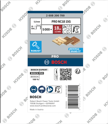 BoschPRO NC18 15G 冠状钉，适用于木材和地板。