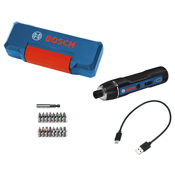 BoschGO 无绳螺丝刀套装，含 USB 数据线和批头。
