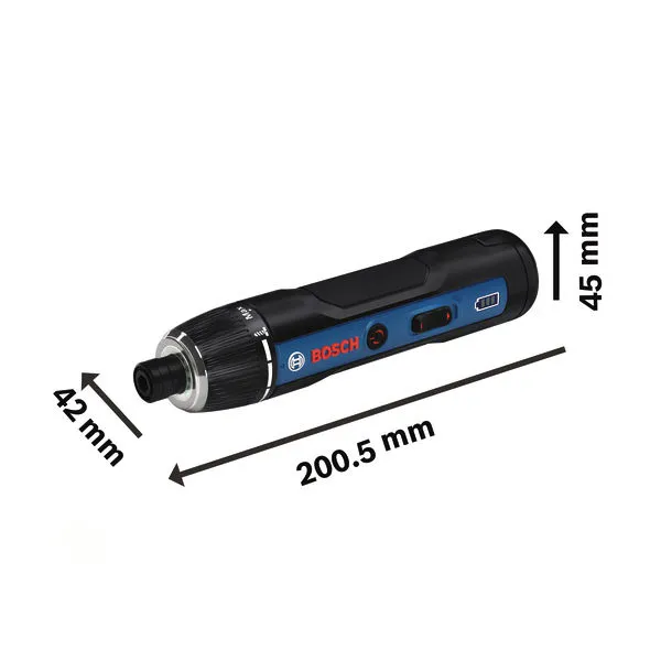 BoschGo GSD4V-5 无绳螺丝刀及其尺寸。
