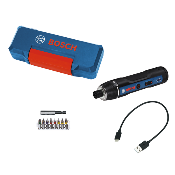 BoschGo 4V 无绳螺丝刀套装，含批头和 USB 数据线。