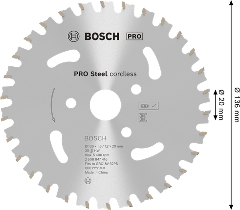 BoschPRO Steel 无绳 136 毫米钢筋切割刀片。