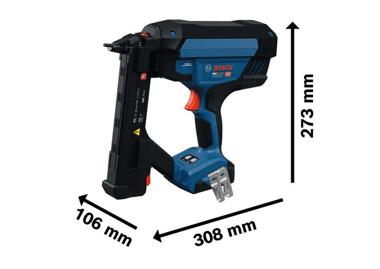 BoschGTH18V-38-2M 无绳窄冠钉枪，尺寸规格。