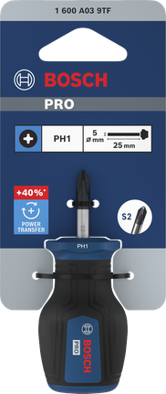BoschPRO 短柄螺丝刀 PH1 25 毫米，带人体工程学手柄。