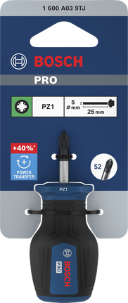 BoschPRO 短柄螺丝刀 PZ1 25mm，带人体工程学手柄。