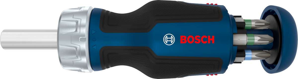 Bosch短柄棘轮螺丝刀，带6个批头弹匣。
