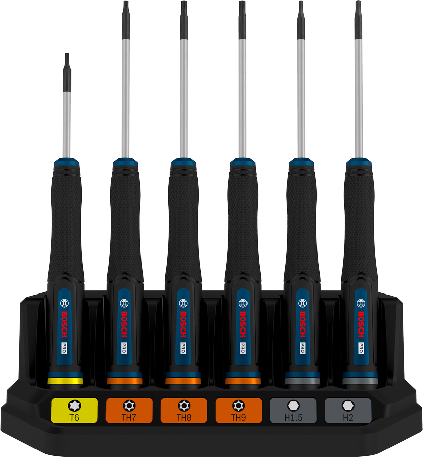 BoschPRO 精密螺丝刀套装 TX/TH/H，6 件套，带颜色编码手柄。