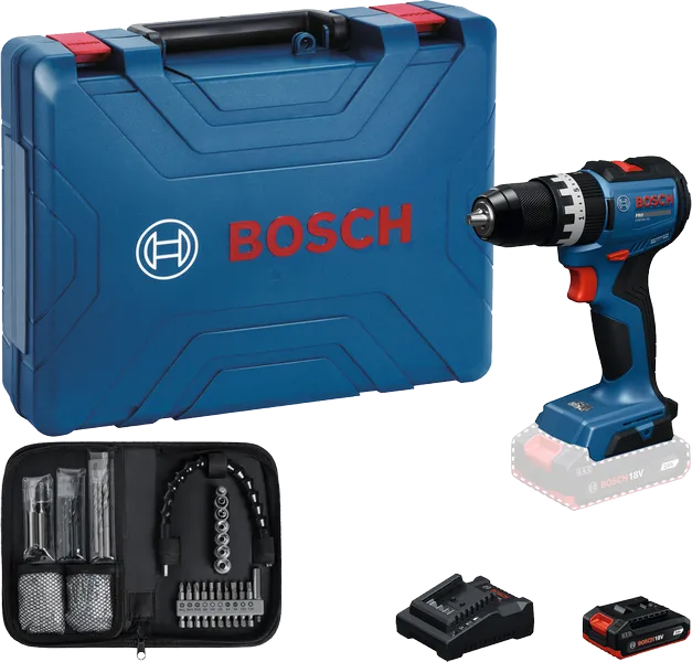 BoschGSB 18V-52 无绳电钻套装，带工具箱和配件。