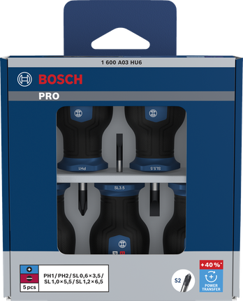 BoschPRO 短柄螺丝刀 PH/SL 套装，带 S2 轴，扭矩增加 40%。