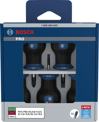 BoschPRO 短柄螺丝刀套装 5 件，带 S2 轴。