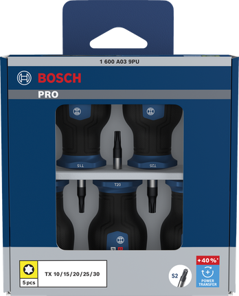 BoschPRO 短柄螺丝刀 TX 套装 5 件，带 S2 轴。