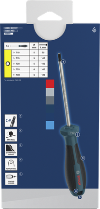 BoschTX 螺丝刀套装，采用铬钒钢轴和颜色编码。