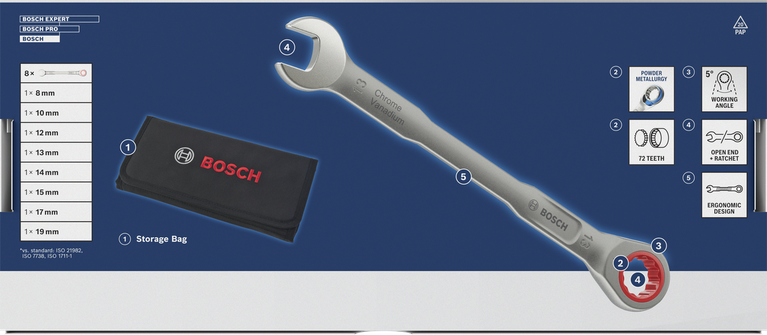 Bosch棘轮组合扳手套装 8-19 毫米，带收纳袋。