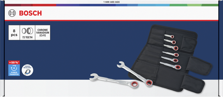 Bosch棘轮组合扳手套装 8-19 毫米 8 件套，扭矩增加 50%。