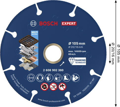BoschEXPERT 金属金刚石切割片 105 毫米，适用于多种材料。