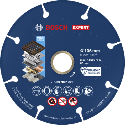 BoschEXPERT 金属金刚石切割片 105 毫米，适用于多种材料。