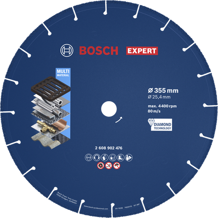 BoschEXPERT 金属金刚石切割片 355 毫米，适用于多种材料。