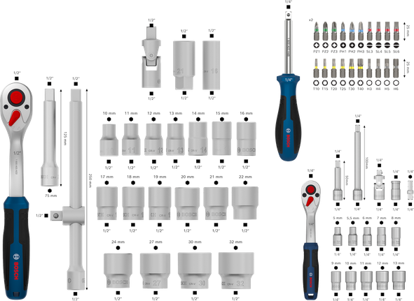 Bosch1/4" + 1/2" 棘轮扳手套装 80 件，含套筒和批头。