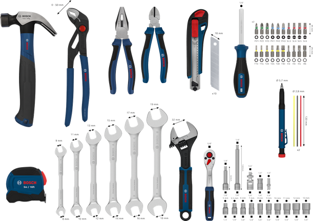 Bosch手动工具混合套装 89 件，适用于多种维修用途。