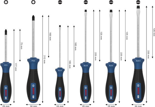 BoschPRO PZ/SL 螺丝刀套装 6 件，带 S2 轴和多组分手柄。