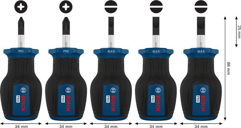 BoschPRO 短柄螺丝刀 PH/SL 套装 5 件，带 S2 轴。