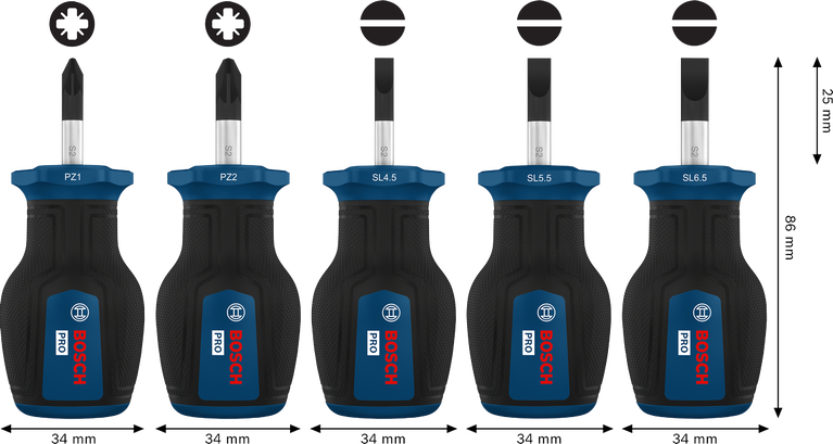 BoschPRO 短柄螺丝刀 PZ/SL 套装，带 S2 轴和多组分手柄。