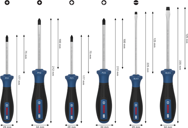BoschPRO 螺丝刀套装 PH/PZ/SL 6 件套，带 S2 轴和符合人体工程学的手柄。
