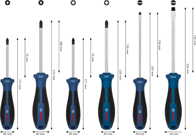 Bosch螺丝刀套装 PH/PZ/SL，6 件套，铬钒钢杆。