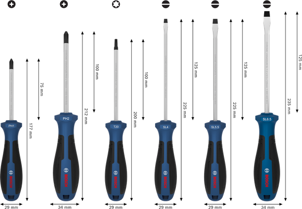 Bosch6 件套螺丝刀套装，带铬钒钢刀杆。