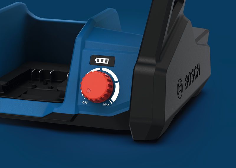 BoschGVF18V-1300 工具底座，带红色控制旋钮。