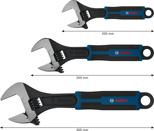 Bosch可调扳手套装 150 200 250 毫米 3 件套。
