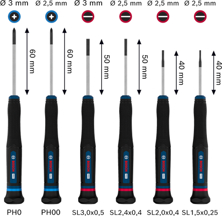 BoschPRO 精密螺丝刀套装 PH/SL，6 件套，带颜色编码的防滚手柄。