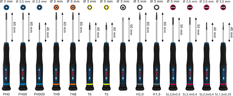BoschPRO 精密螺丝刀套装 14 件套，带颜色编码手柄。