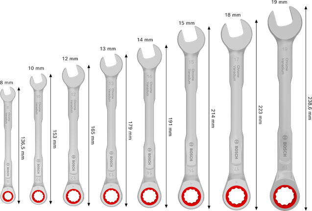 Bosch棘轮组合扳手套装 8-19 毫米，扭矩增加 50%。