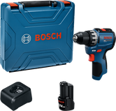 BoschGSR12V-31 电钻套装，含工具箱、充电器和电池。