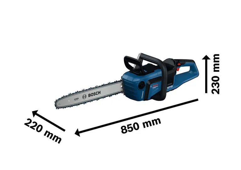 BoschGKE 18V-40 无绳链锯及其尺寸。